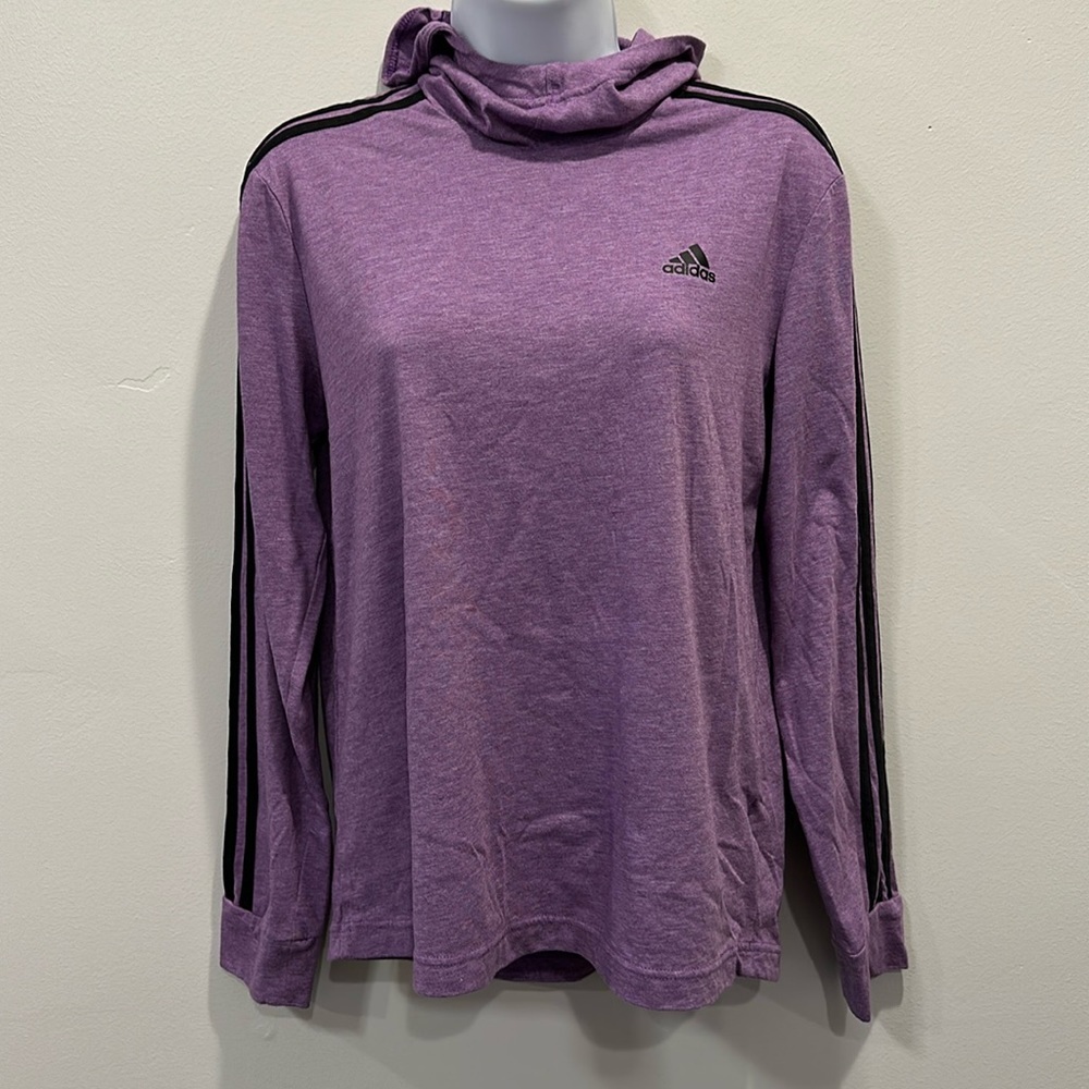 Adidas. Purple hooded long sleeve shirt. Black stripes. Size S.